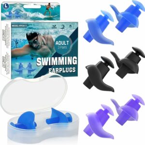 Hearprotek Tappi Orecchie da Nuoto per Adulti, 3 Paia Tappi per le Orecchie in Silicone Impermeabili, Protezione per le Orecchie per Nuotatori, Doccia, Surf e Altri Sport Acquatici (Blu/Viola/Nero)